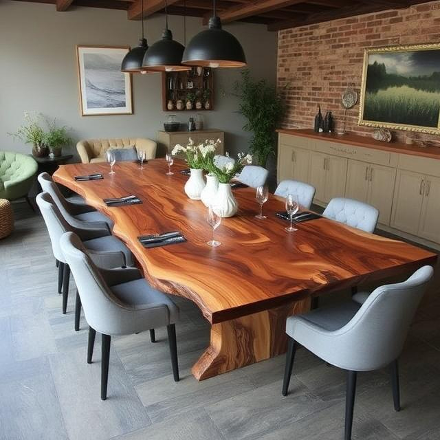 Vibrant, single-slab live edge suar dining tabletop, showcasing deep orange and red wood tones with a smooth finish.