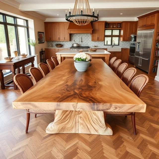 An extra-long 400cm bookmatched dining tabletop, seating 14 people and featuring a stunning symmetrical grain pattern down the center.