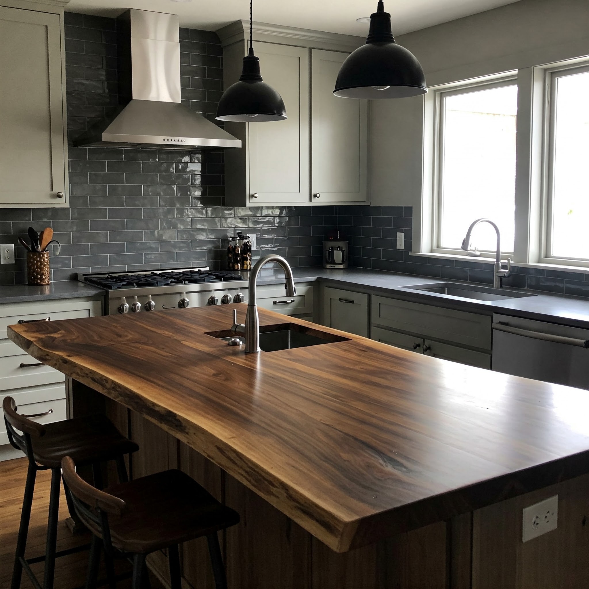 A luxury rustic-industrial kitchen's focal point is a thick, character-rich live edge island with a suar wood top.