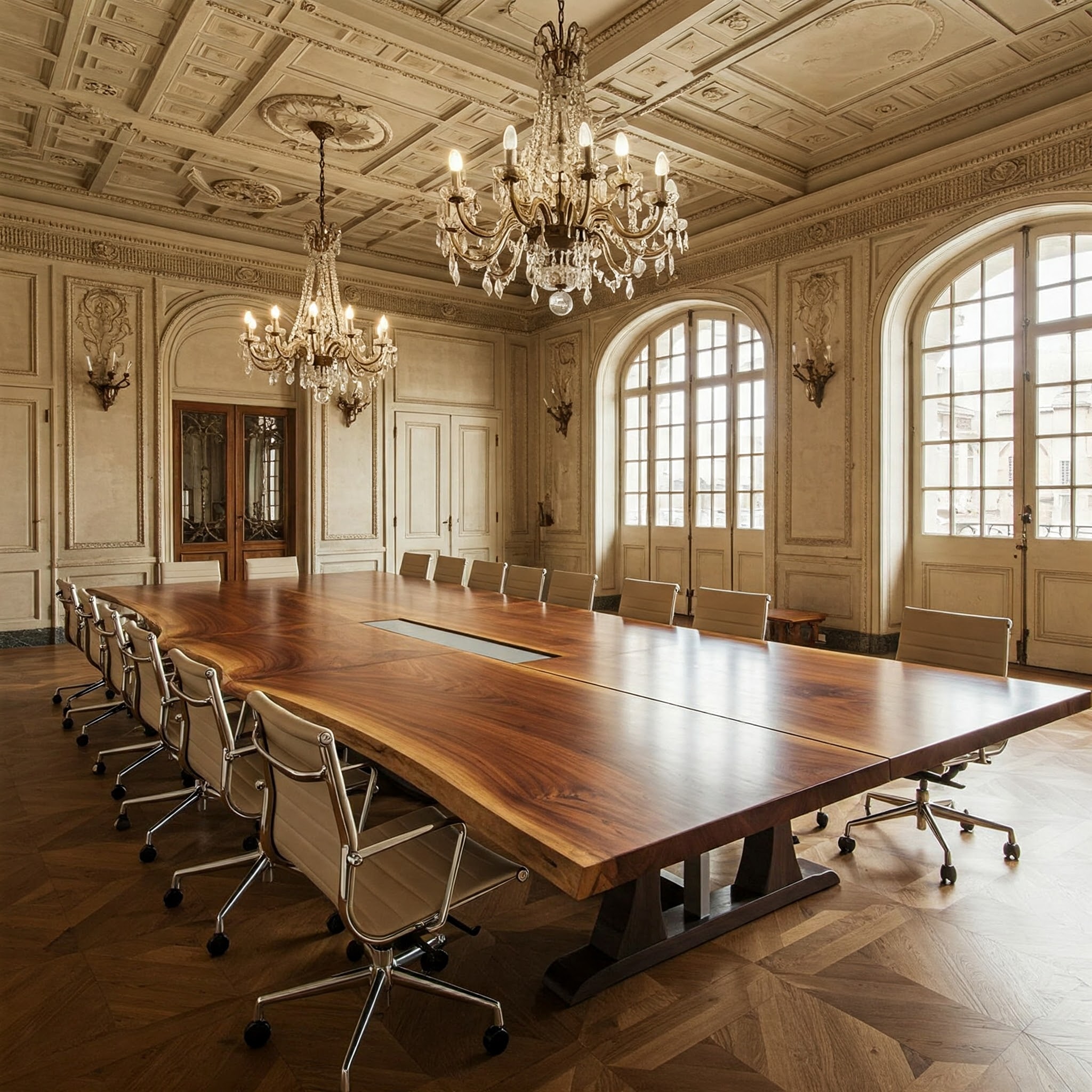 A monumental, bookmatched live edge boardroom tabletop with a symmetrical grain and a central, recessed tech channel.