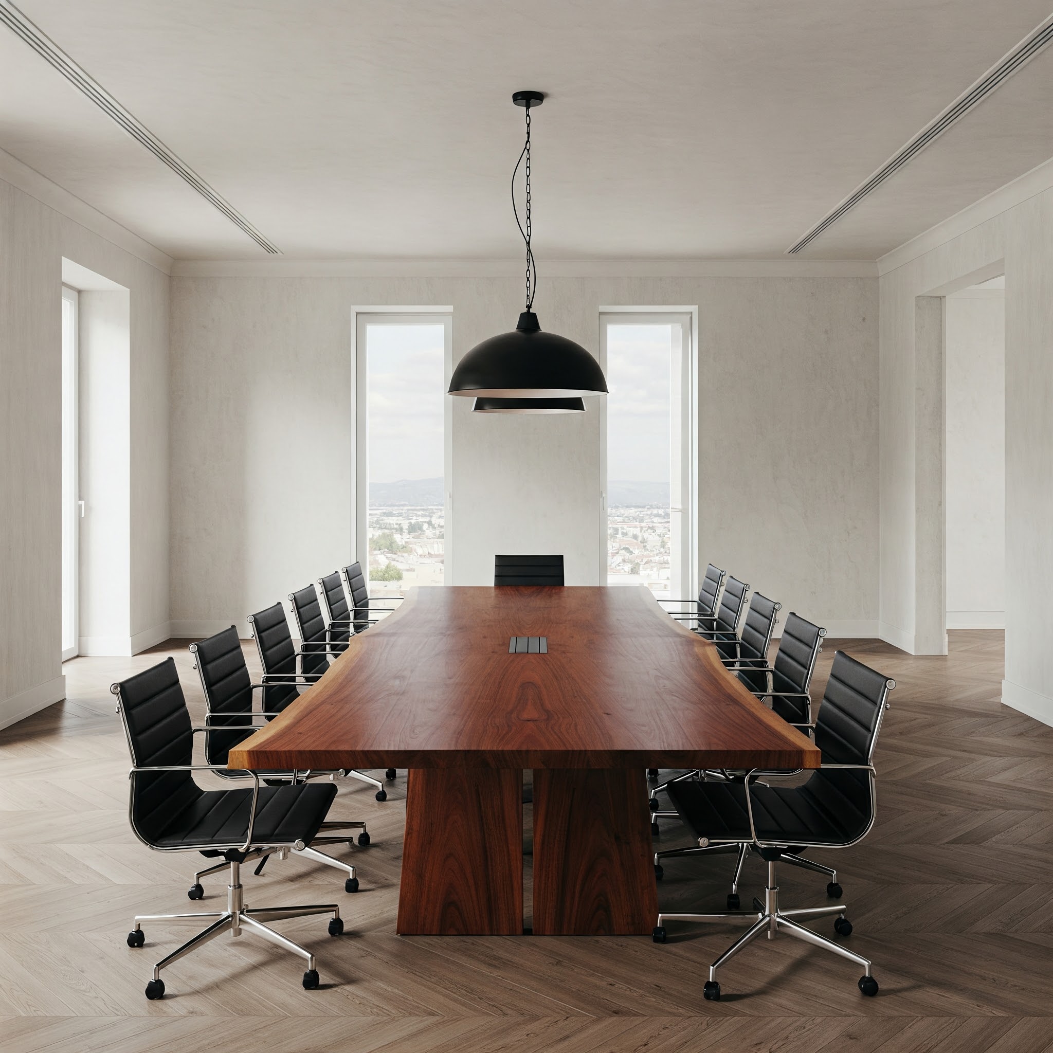 A commanding, boat-shaped live edge boardroom tabletop with a rich wood grain and a central, flush-mounted tech hub.