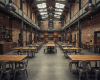 The grand, cathedral-like interior of an industrial restaurant, filled with custom solid wood tables.