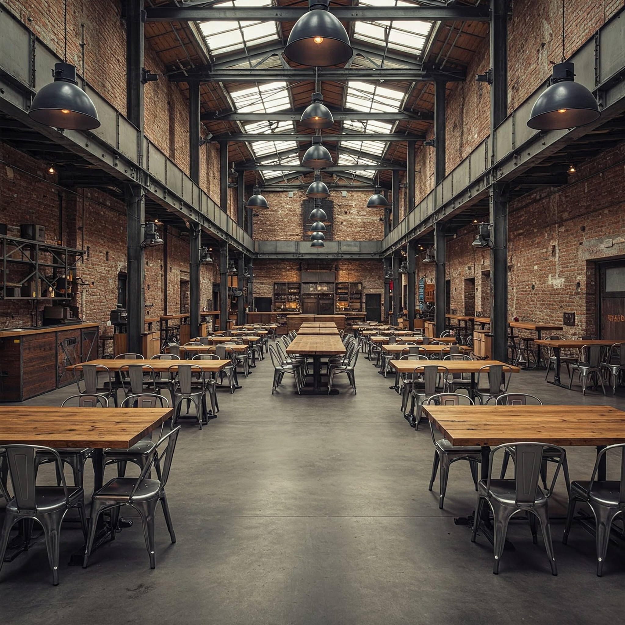 The grand, cathedral-like interior of an industrial restaurant, filled with custom solid wood tables.