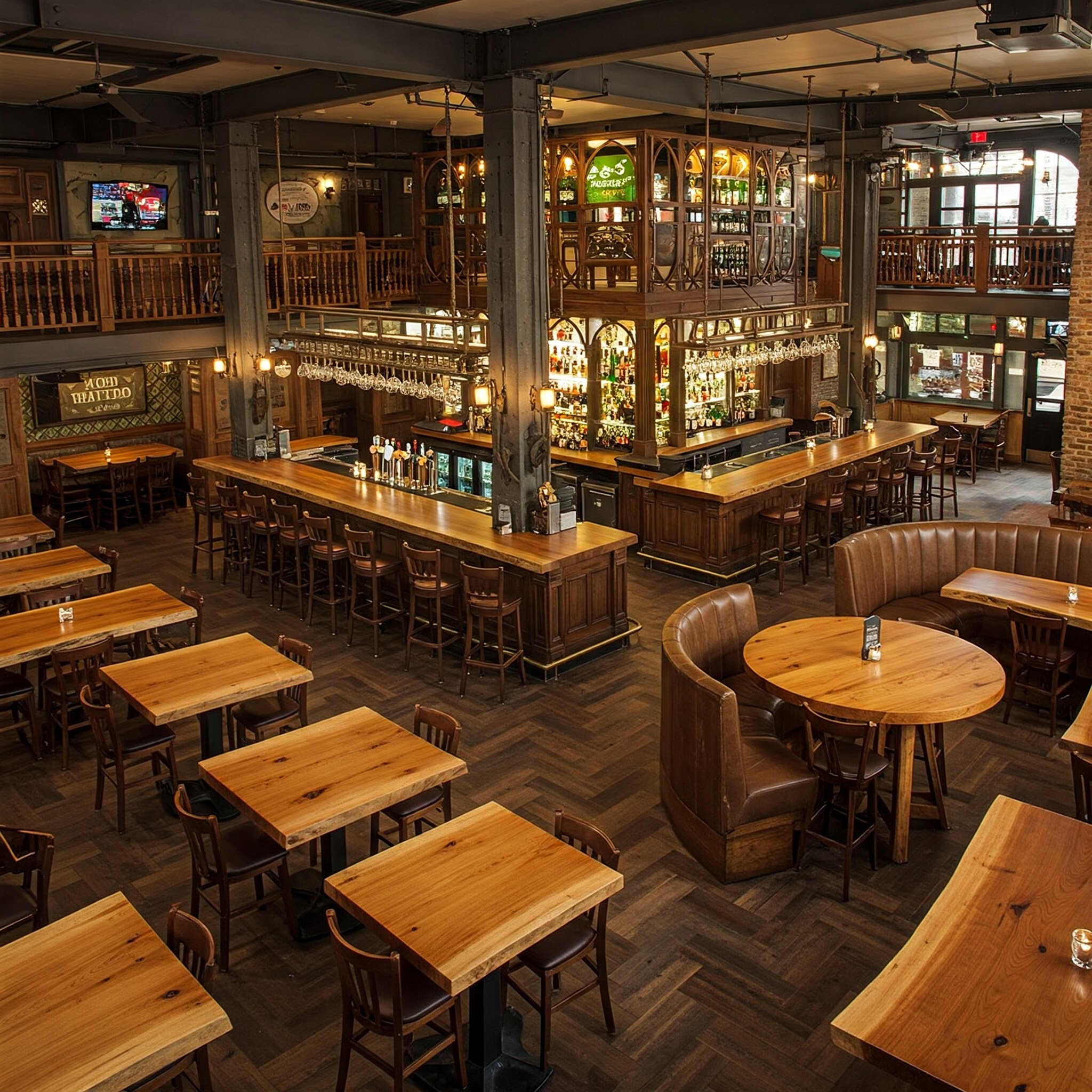 A grand, multi-level traditional pub featuring a long, solid wood bar, classic tables, and a mezzanine level.