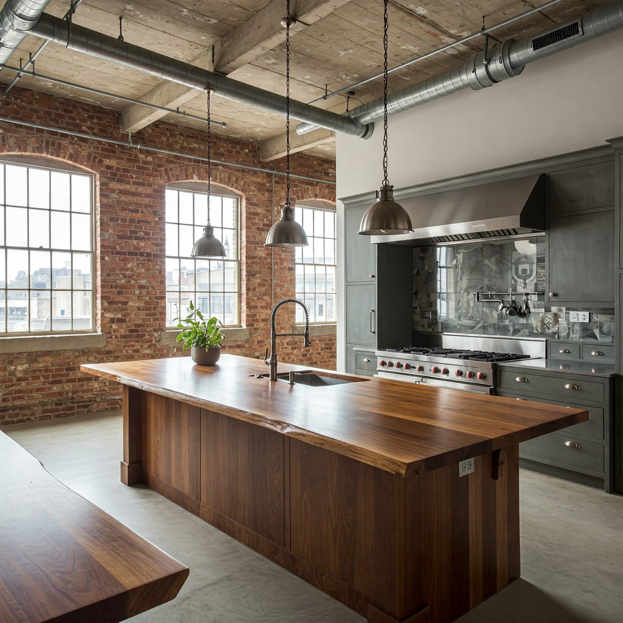 A luxury transitional kitchen's focus is the thick live edge island, featuring a suar wood top with a prep sink.