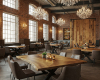 The opulent design of this luxury restaurant blends industrial brick with glamorous chandeliers and live edge tables.