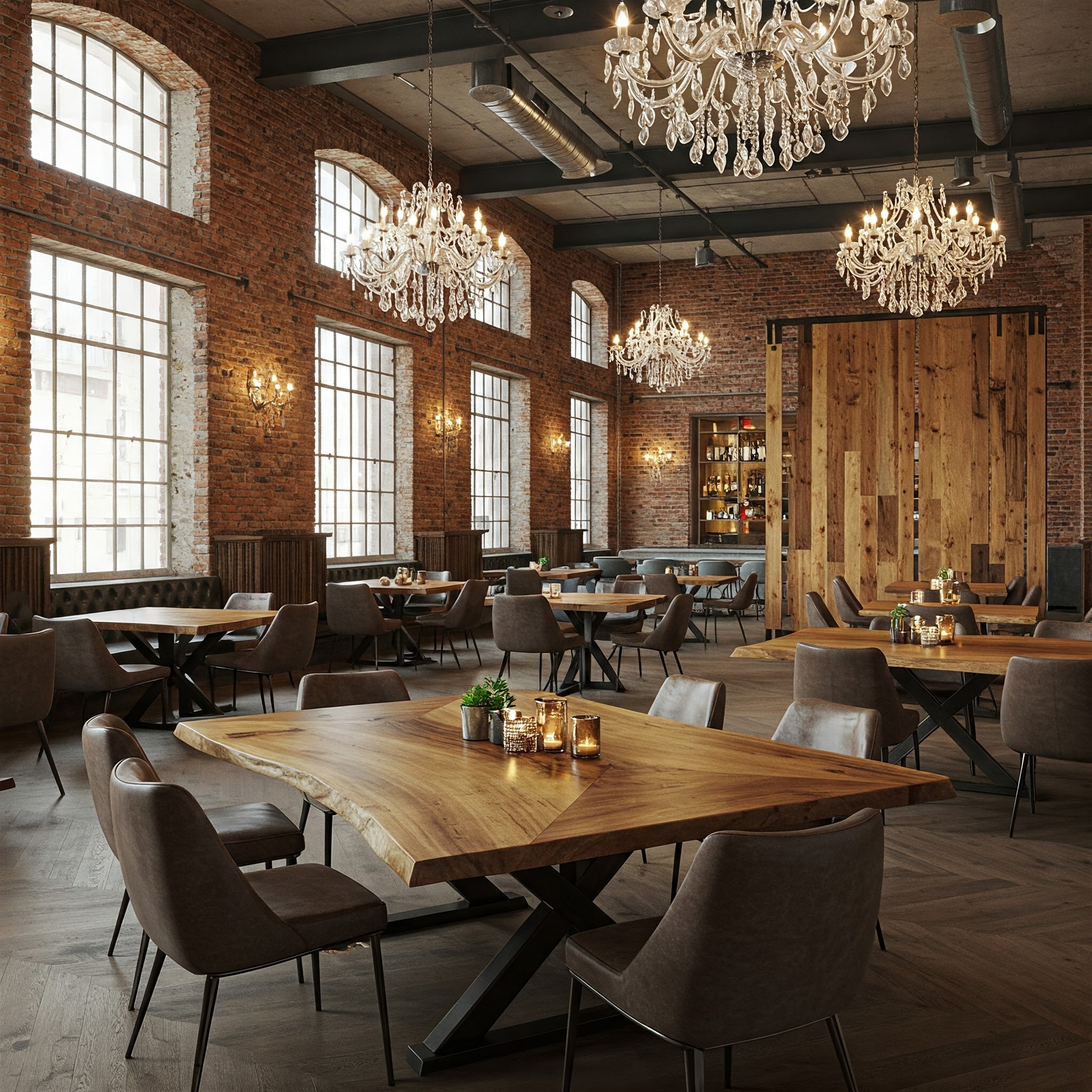 The opulent design of this luxury restaurant blends industrial brick with glamorous chandeliers and live edge tables.