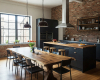 A luxury industrial kitchen with a wood-topped breakfast bar, complemented by a large, statement live edge table.