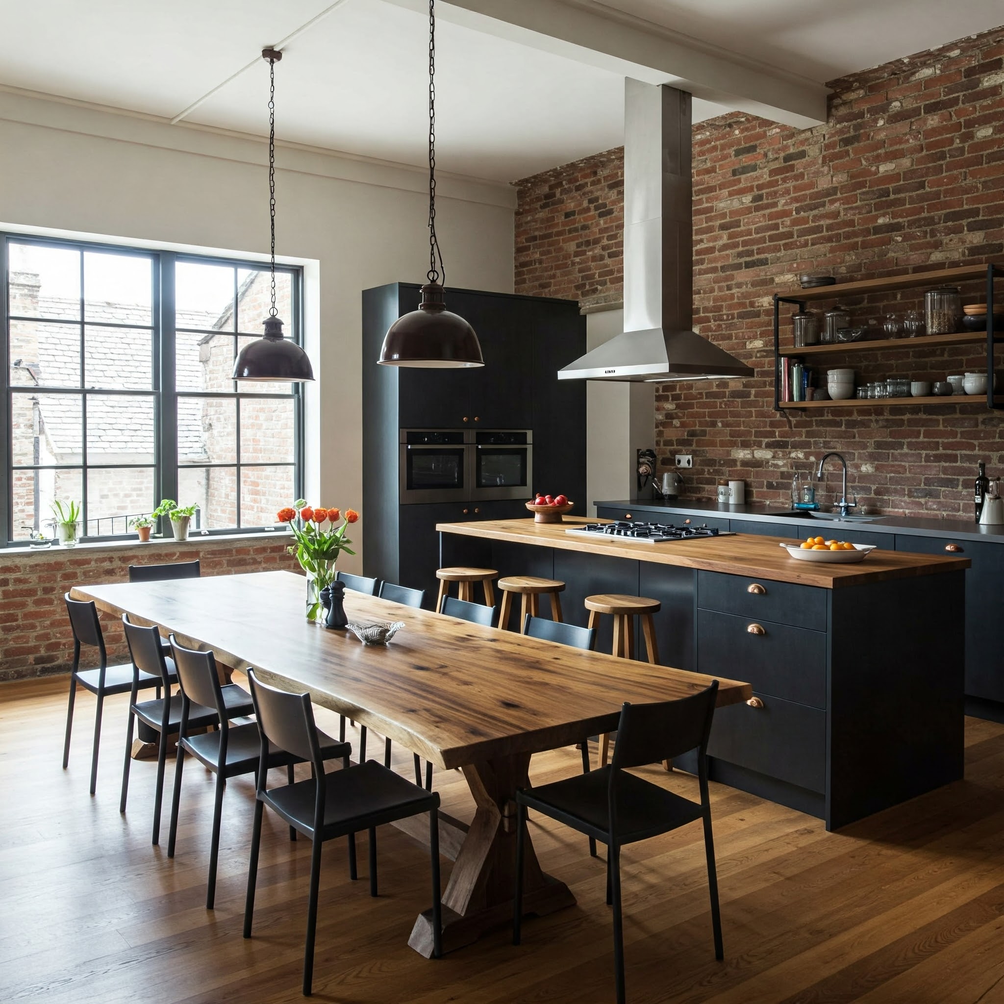 A luxury industrial kitchen with a wood-topped breakfast bar, complemented by a large, statement live edge table.
