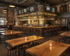 A luxury industrial pub with a bespoke solid wood bar and matching straight-edged, clean-lined wooden tables.