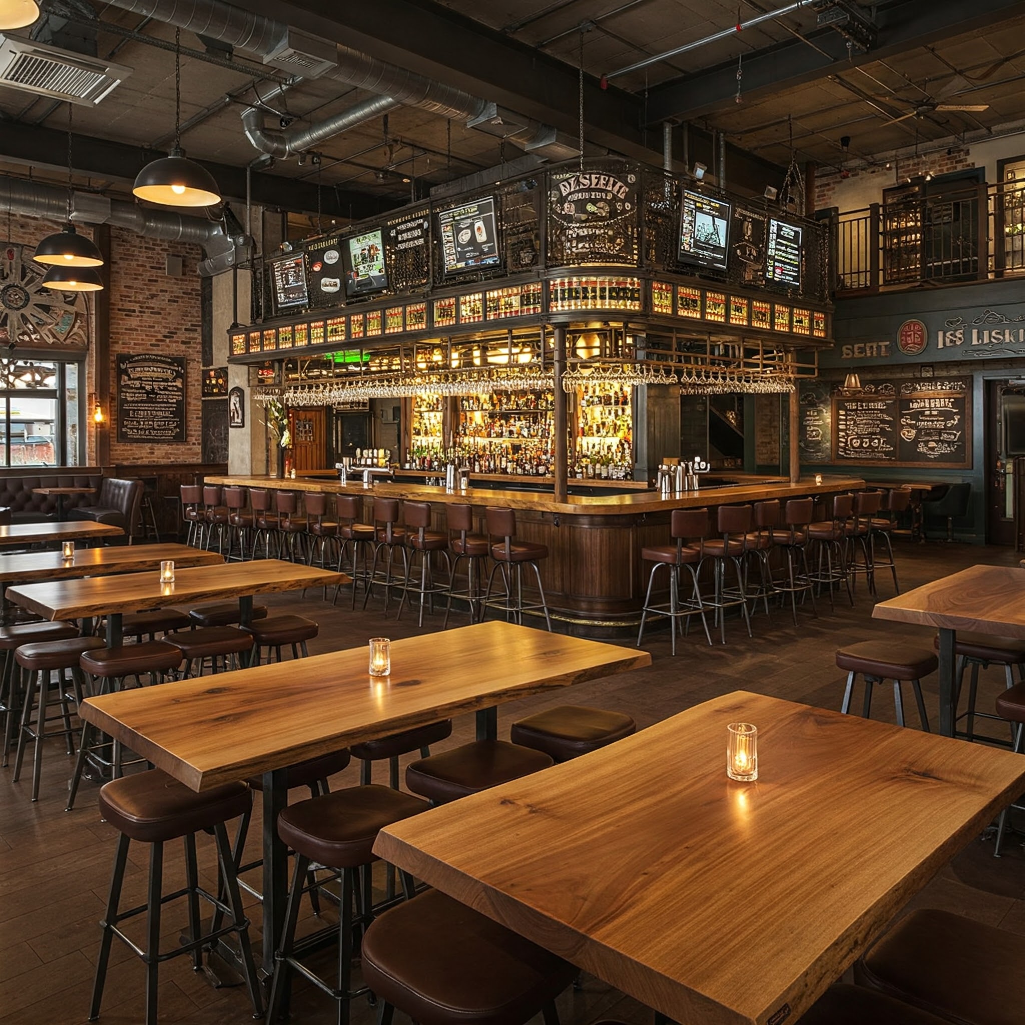 A luxury industrial pub with a bespoke solid wood bar and matching straight-edged, clean-lined wooden tables.