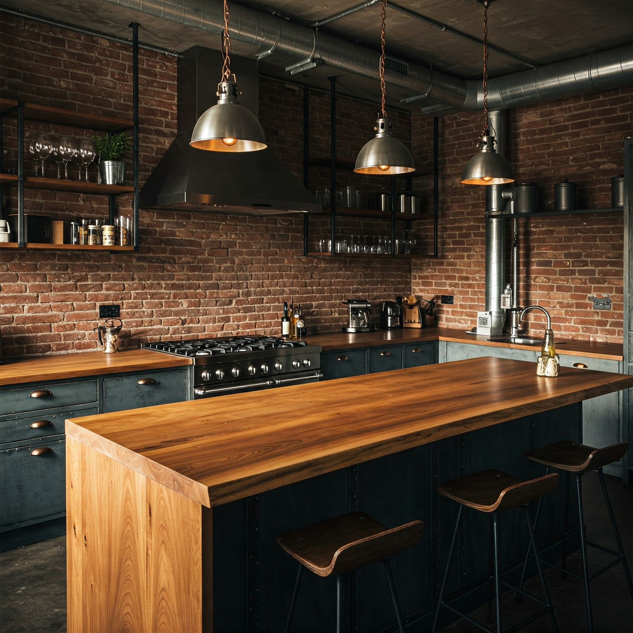 Bespoke waterfall kitchen island with a continuous grain wood top, the centerpiece of a luxury industrial kitchen.