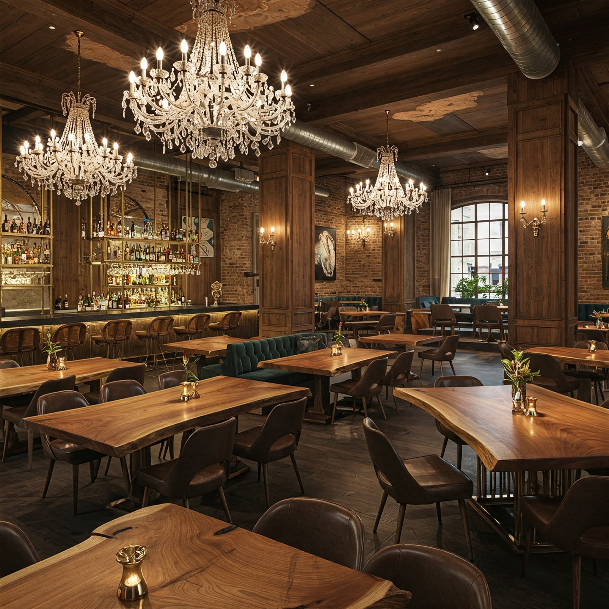 The intimate, industrial-luxe atmosphere of this restaurant is created by bespoke live edge suar wood tables.