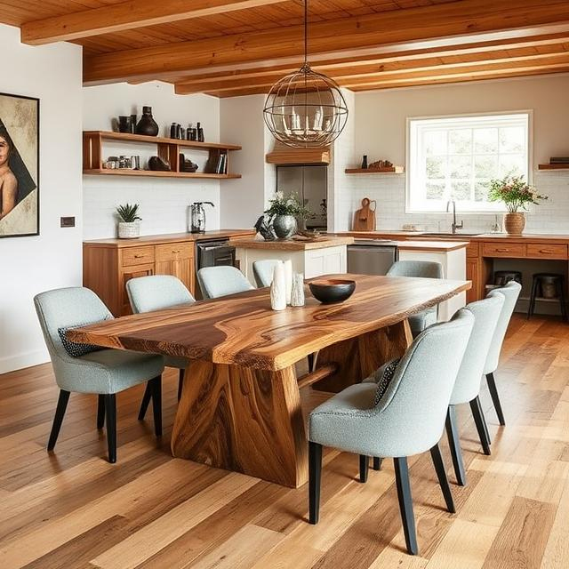 A sculptural 300cm live edge dining tabletop, distinguished by a deep, river-like channel flowing through its center wood grain.