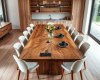 A massive 14-seater dining tabletop featuring a topographic ‘lava grain’ with intricate, swirling patterns that flow across the bookmatched surface.