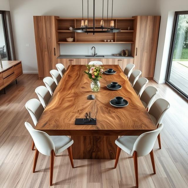 A massive 14-seater dining tabletop featuring a topographic ‘lava grain’ with intricate, swirling patterns that flow across the bookmatched surface.