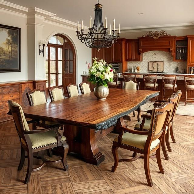 A formidable 350cm single-slab dining tabletop, featuring a deep, rustic grain and a thick, charred-looking live edge that showcases its natural bark.