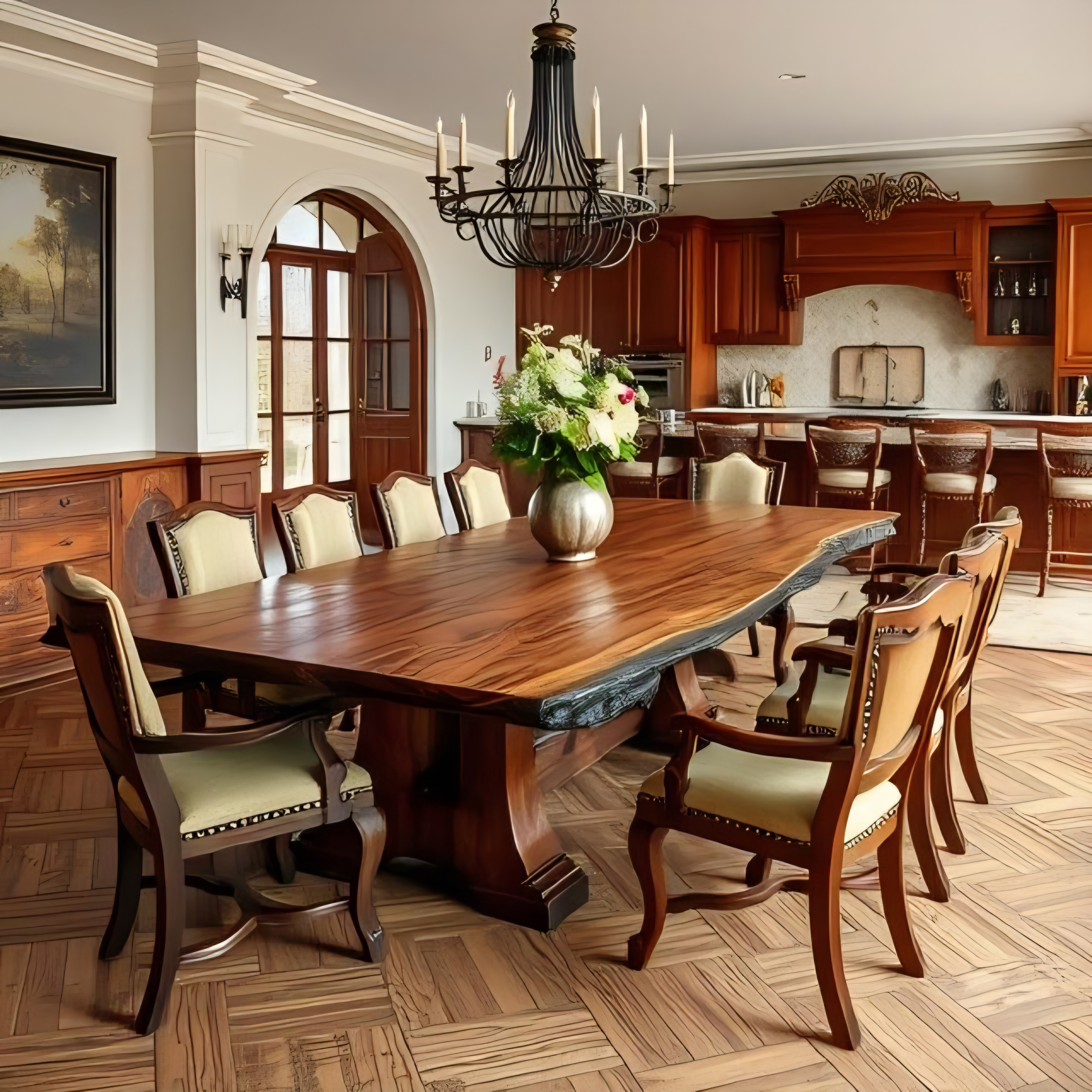 A 10-seater live edge dining tabletop with a boldly defined wood grain and a thick, ink-black natural edge, rendered with a graphic, illustrative quality.
