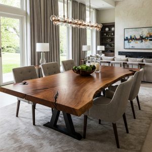 An 8-seater live edge dining tabletop featuring deep, kintsugi-style filled fissures that trace across the warm suar wood like dark rivers.