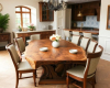 A unique 8-seater dining tabletop shaped like a geode, with a swirling, burl wood center and a thick, faceted live edge.