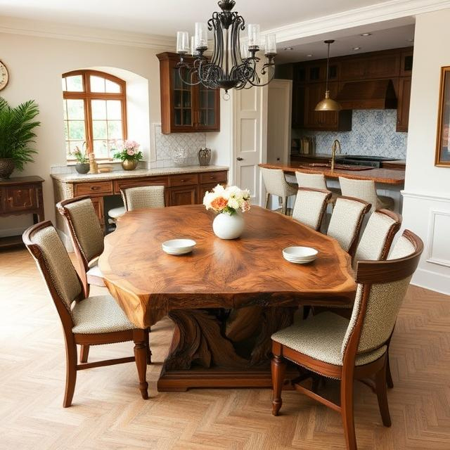 A unique 8-seater dining tabletop shaped like a geode, with a swirling, burl wood center and a thick, faceted live edge.