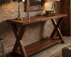 A traditional, farmhouse-style console table with a live, rectangular profile and a warm, saten wood finish.
