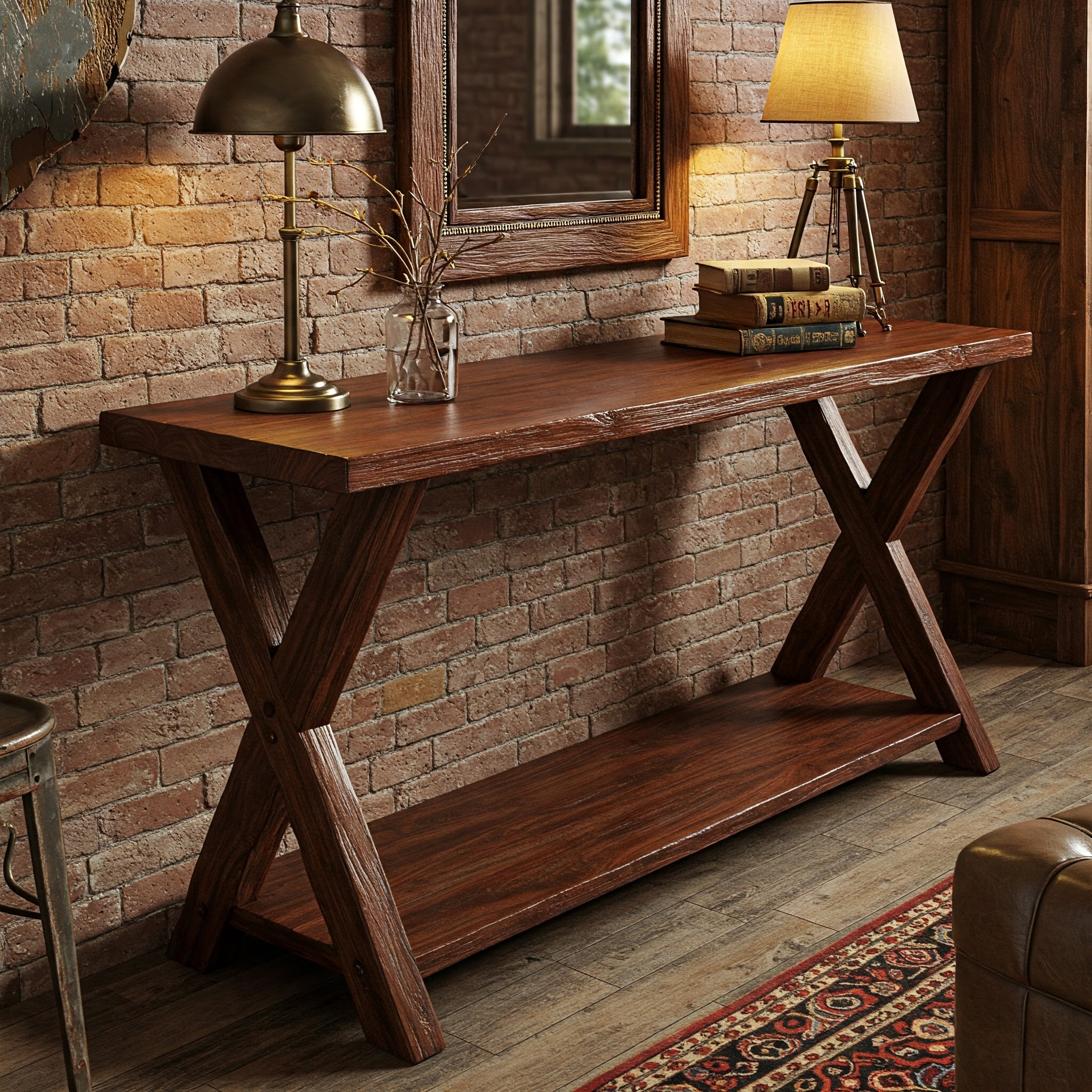 A traditional, farmhouse-style console table with a live, rectangular profile and a warm, saten wood finish.