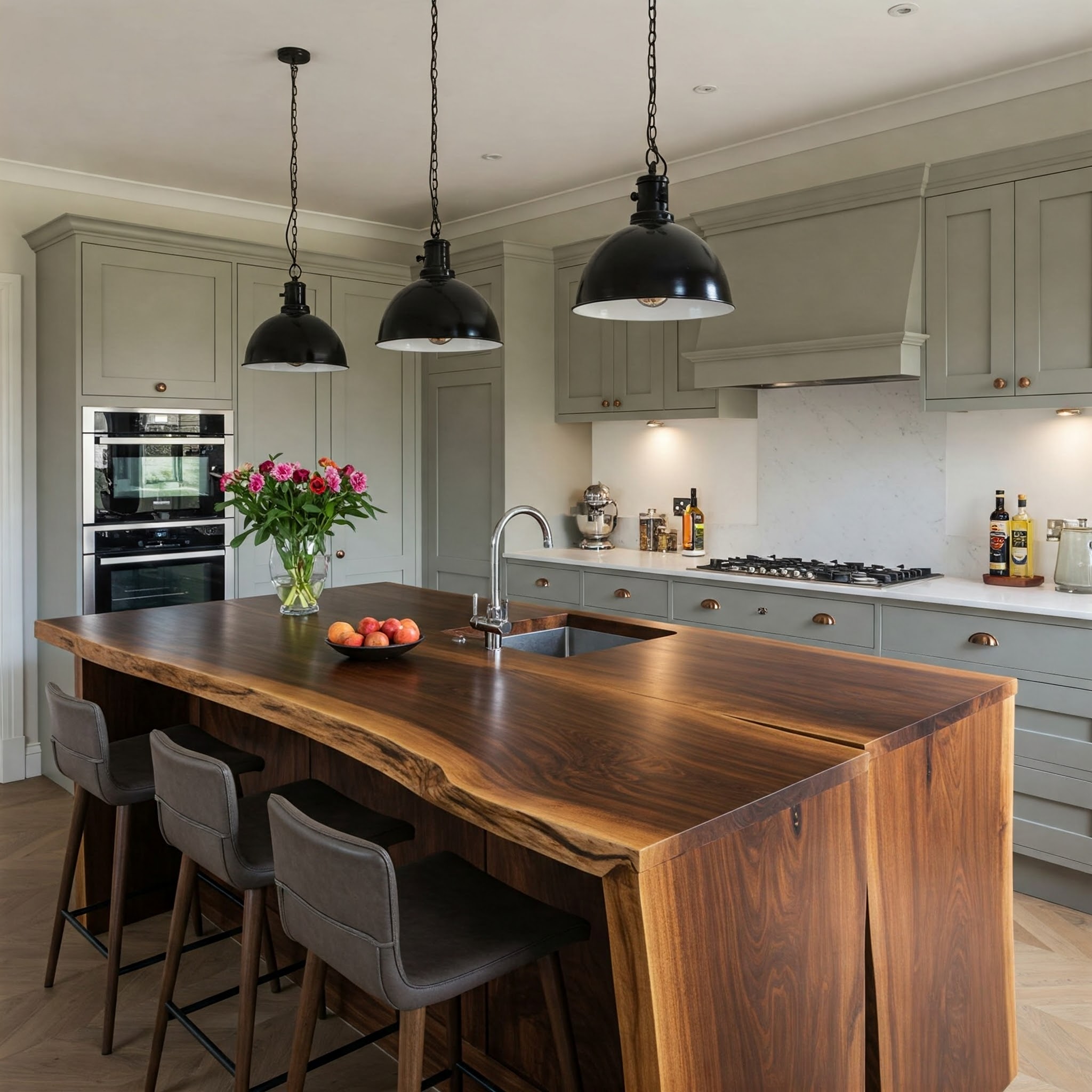 A luxury traditional kitchen's centerpiece is a solid oak island with a thick wood top and butterfly key joinery.