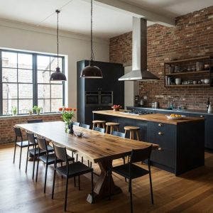 A long, 10-seater dining tabletop with a gentle taper, crafted from a warm, honey-toned slab with a subtle and refined live edge.