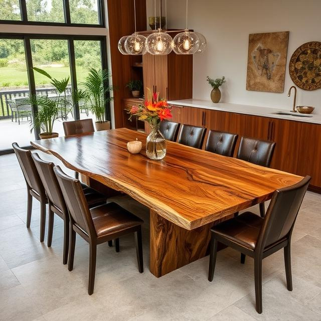 A wide 10-seater dining tabletop with a dramatic, tiger-stripe grain pattern and a gently cascading live edge.