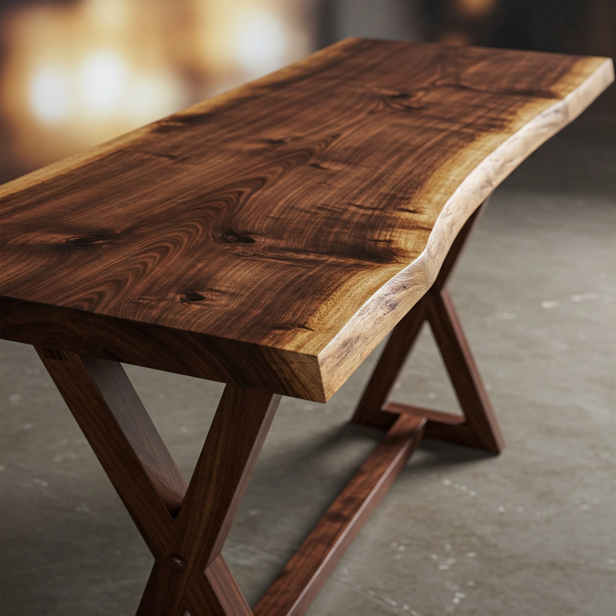 A live edge console table with a dramatic, river-of-grain pattern, showcasing rich chocolate and honey tones in the suar wood.