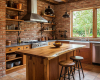 A luxury kitchen's focus is a live edge waterfall island with a continuous grain and an integrated prep sink.