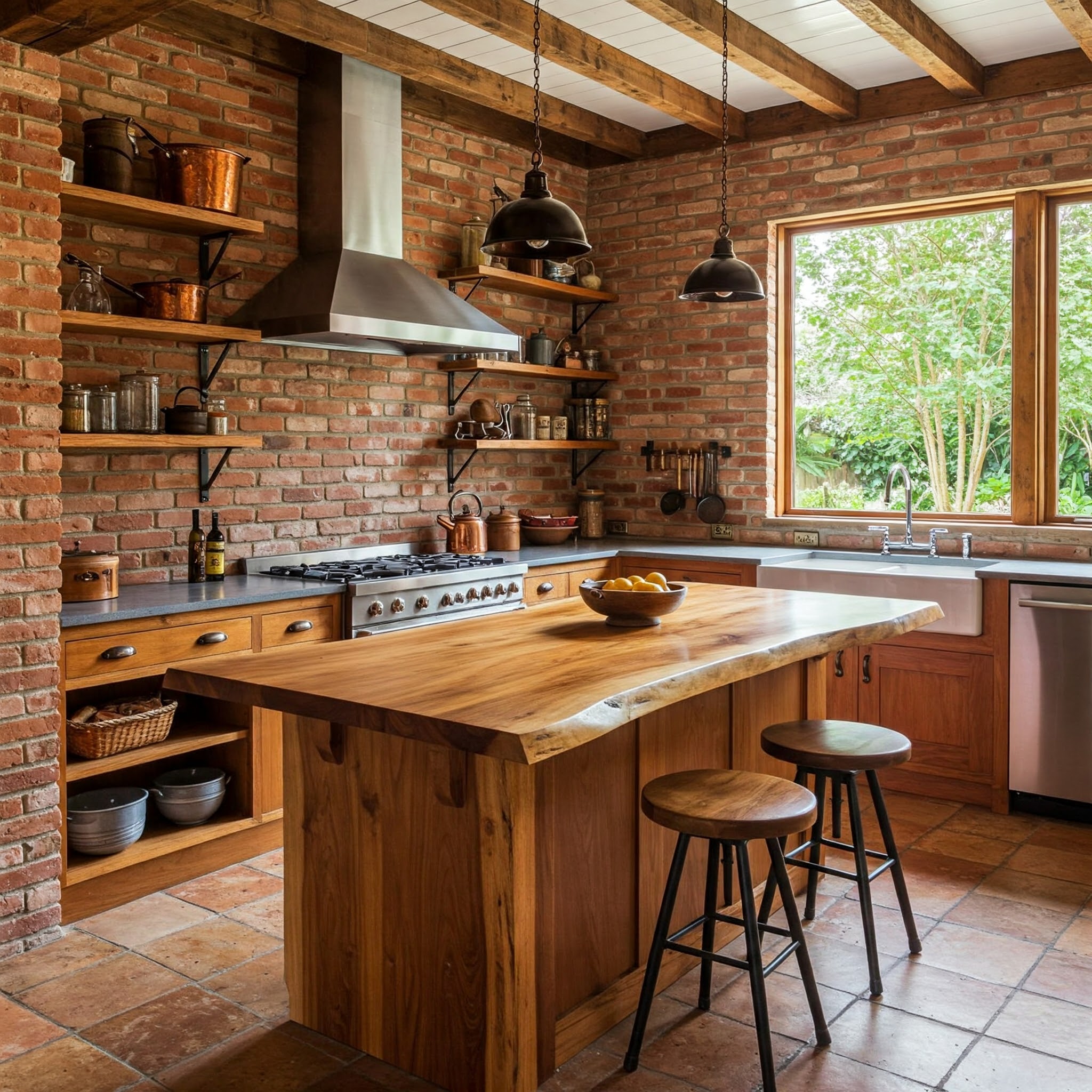 A luxury kitchen's focus is a live edge waterfall island with a continuous grain and an integrated prep sink.