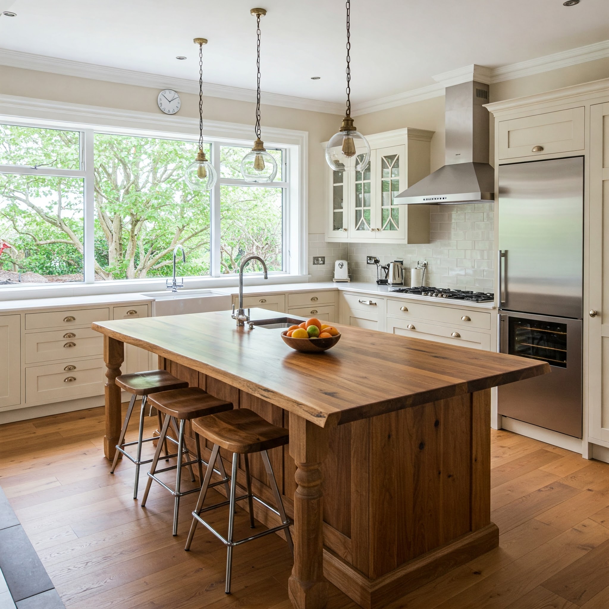 A luxury Tuscan-style kitchen is centered by a rustic live edge island with a thick, solid suar wood worktop.