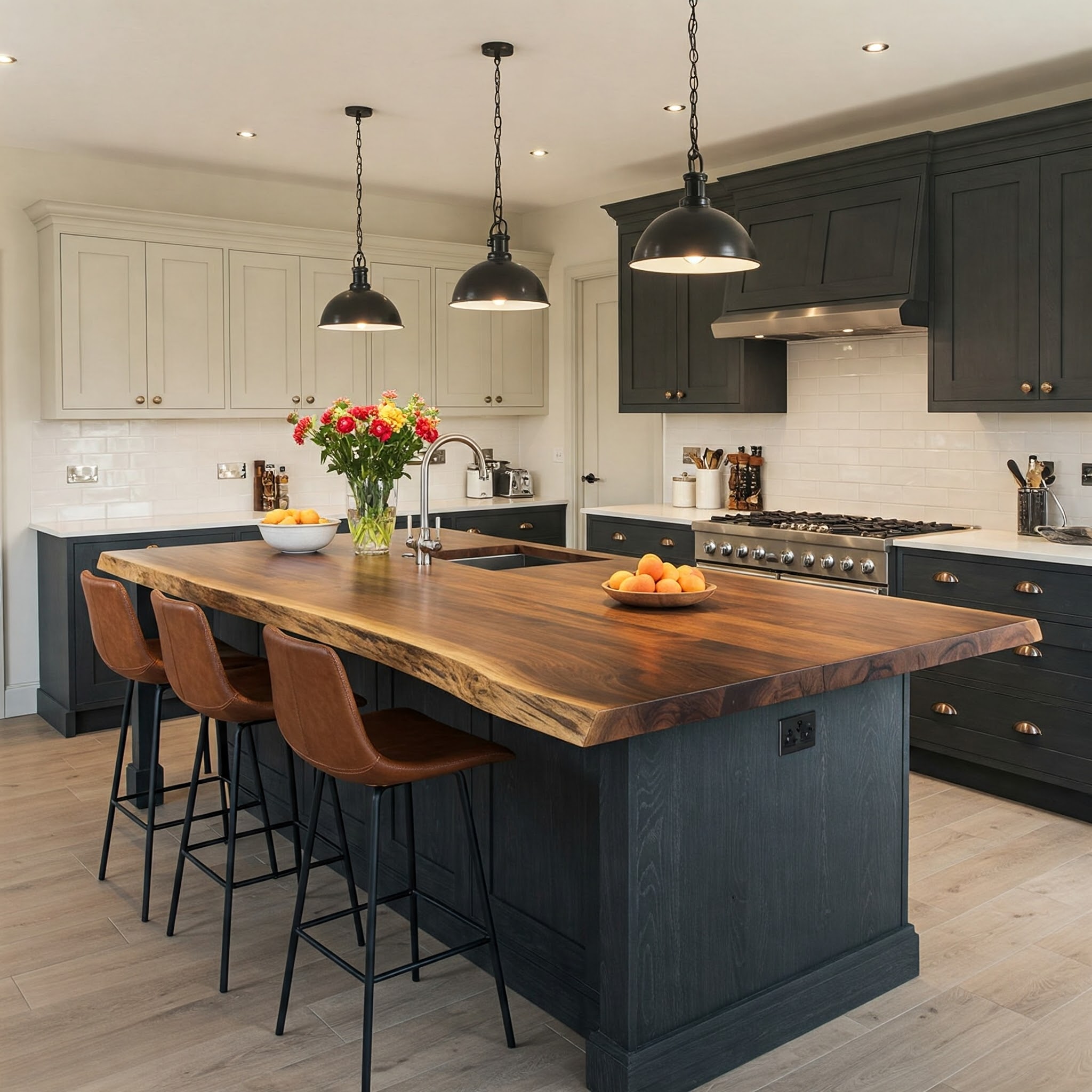 Luxury country-style kitchen featuring a large, solid oak island with a thick, straight-edged butcher-block top.