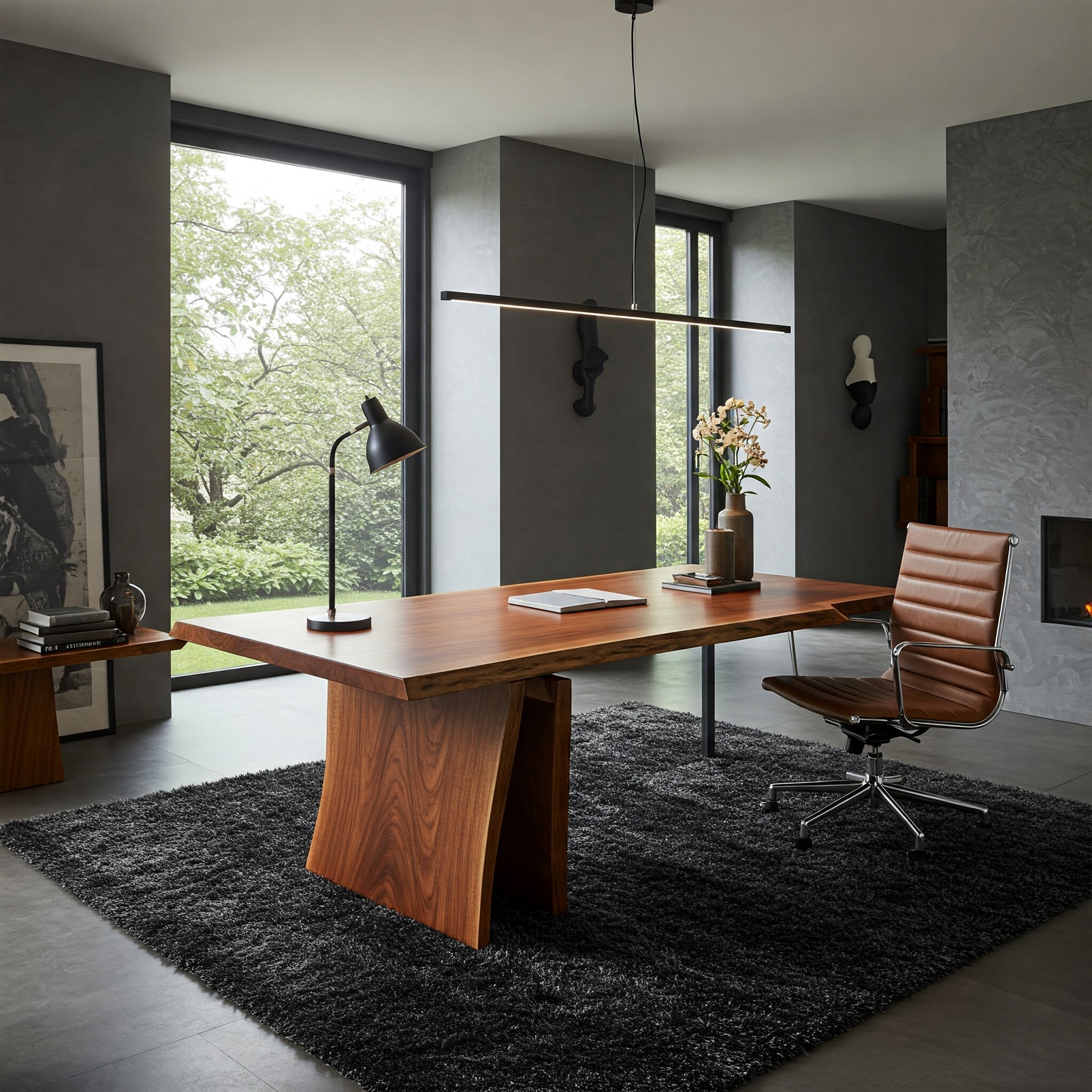 A handcrafted live edge suar wood desk creates a warm, organic focal point in this minimalist luxury office.