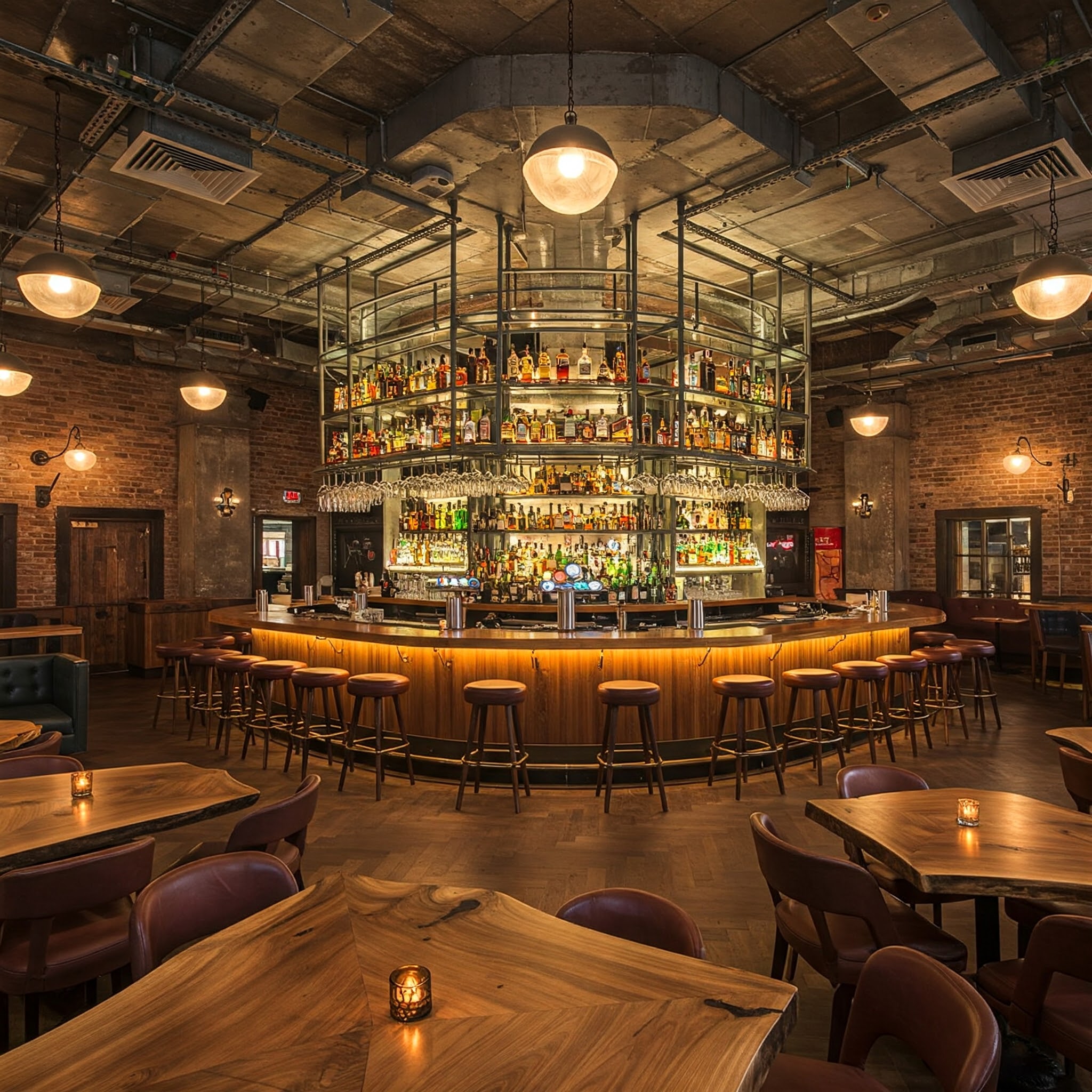 A luxury pub furnished with handcrafted live edge tables that surround a grand, showstopper of a circular bar.