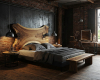 A luxury raw industrial bedroom's focus is a sculptural live edge bed with a one-of-a-kind suar headboard.