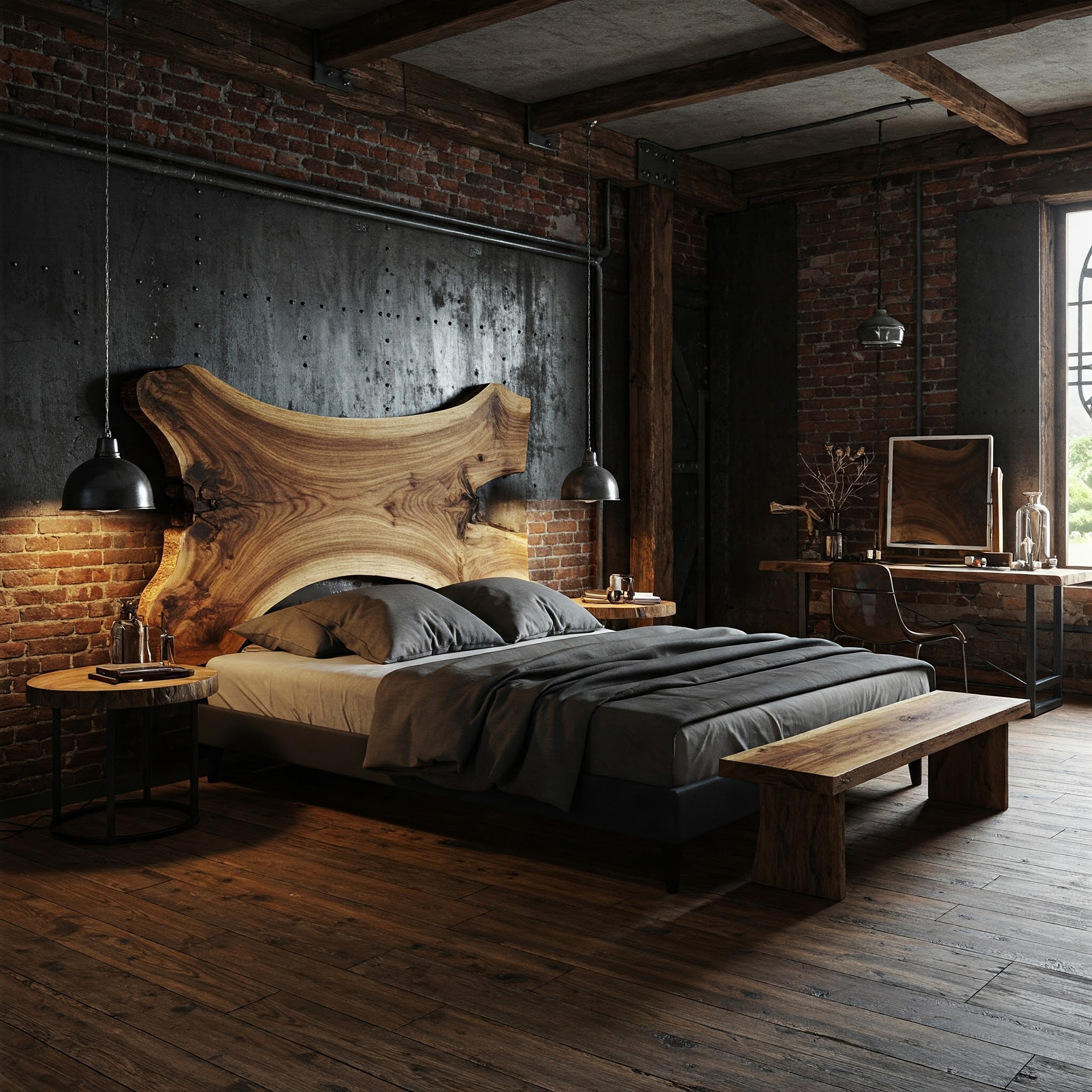 A luxury raw industrial bedroom's focus is a sculptural live edge bed with a one-of-a-kind suar headboard.