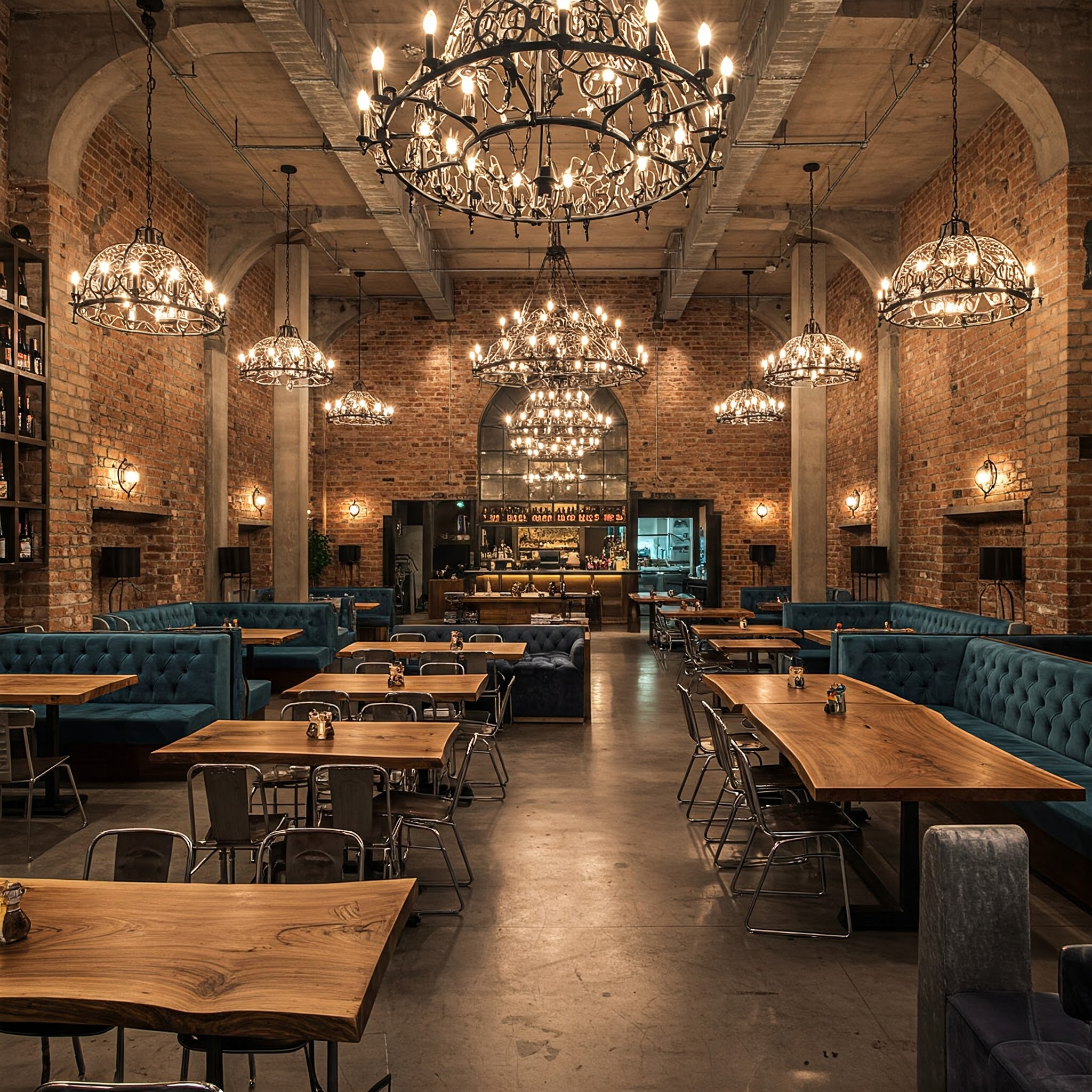 A grand, industrial-luxe restaurant where ornate chandeliers hang above bespoke live edge suar wood tables.