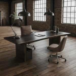 A commanding, single-slab executive desk with a dark, ebonized finish and a subtle live edge in a luxury office.