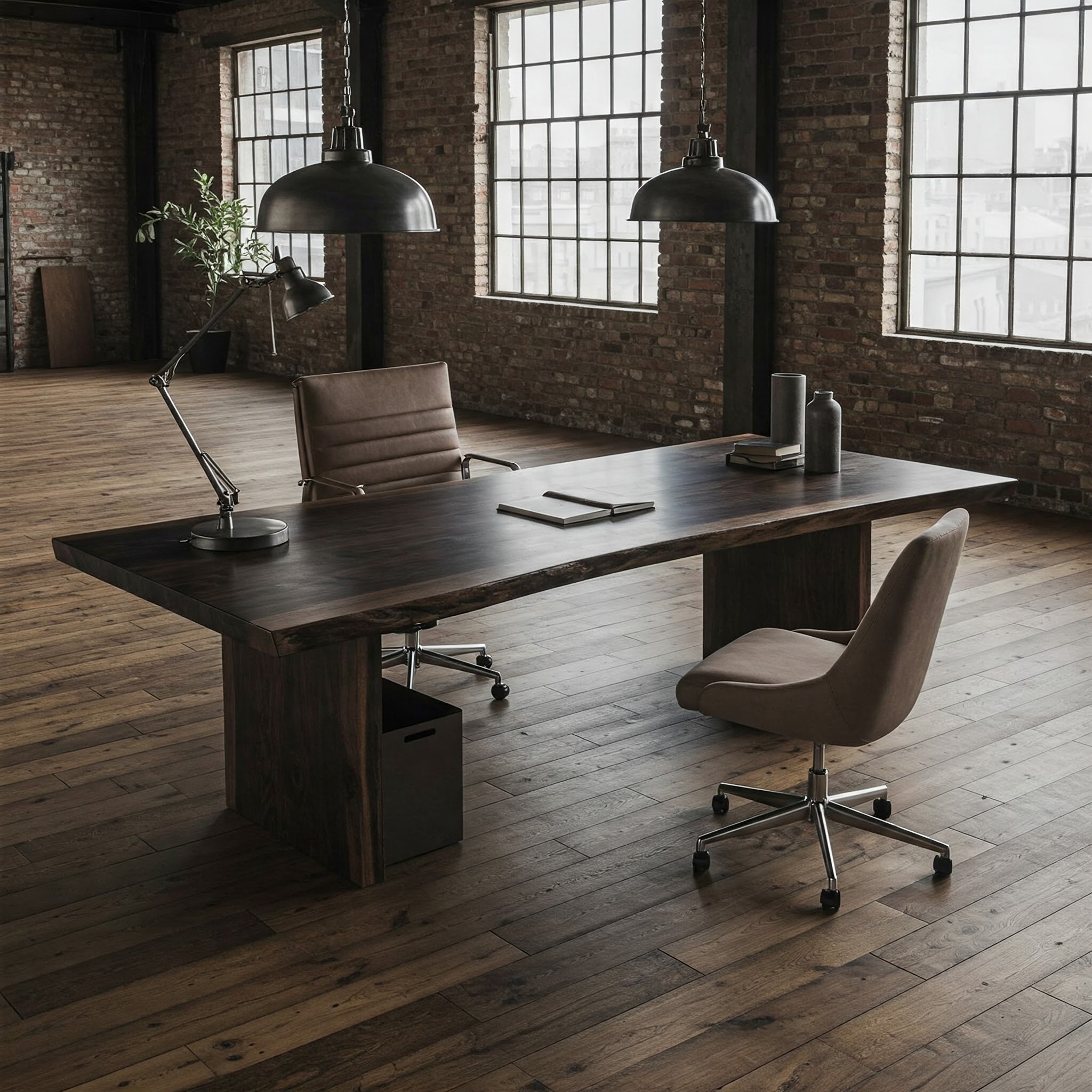 A commanding, single-slab executive desk with a dark, ebonized finish and a subtle live edge in a luxury office.