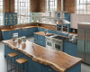 Spacious industrial loft kitchen with a statement live edge island, blue cabinets, and exposed brick.