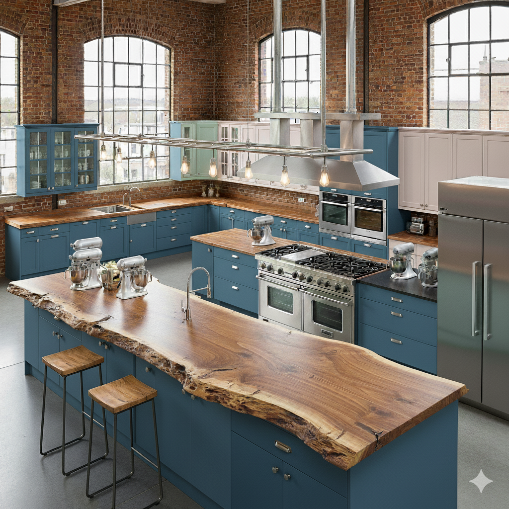 Spacious industrial loft kitchen with a statement live edge island, blue cabinets, and exposed brick.