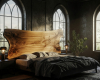A luxury gothic-inspired bedroom's focus is a live edge bed with a wide, one-of-a-kind suar wood headboard.