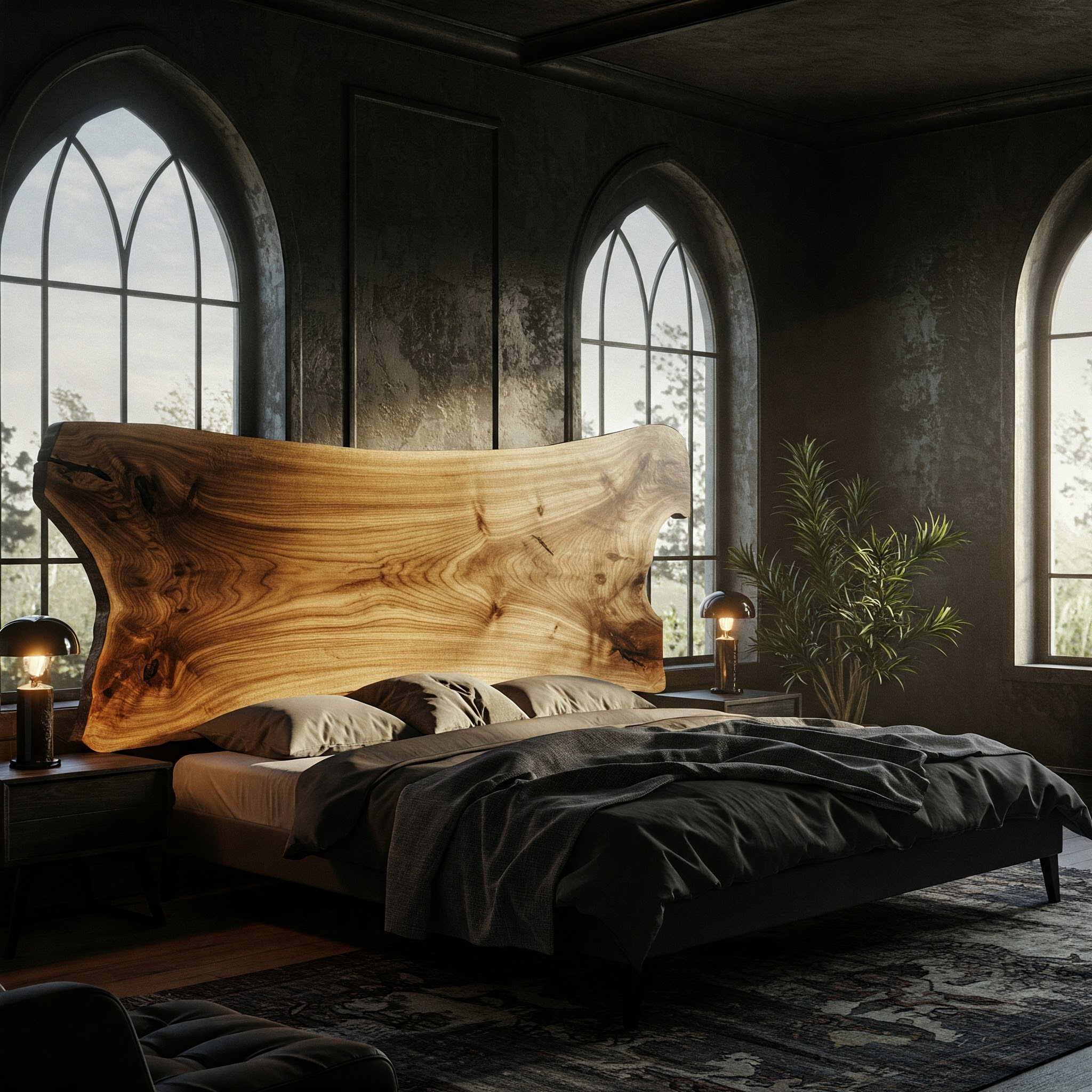 A luxury gothic-inspired bedroom's focus is a live edge bed with a wide, one-of-a-kind suar wood headboard.