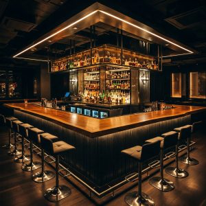 A bespoke, architectural island bar with a thick, straight-edged wood top, the heart of an exclusive luxury club.