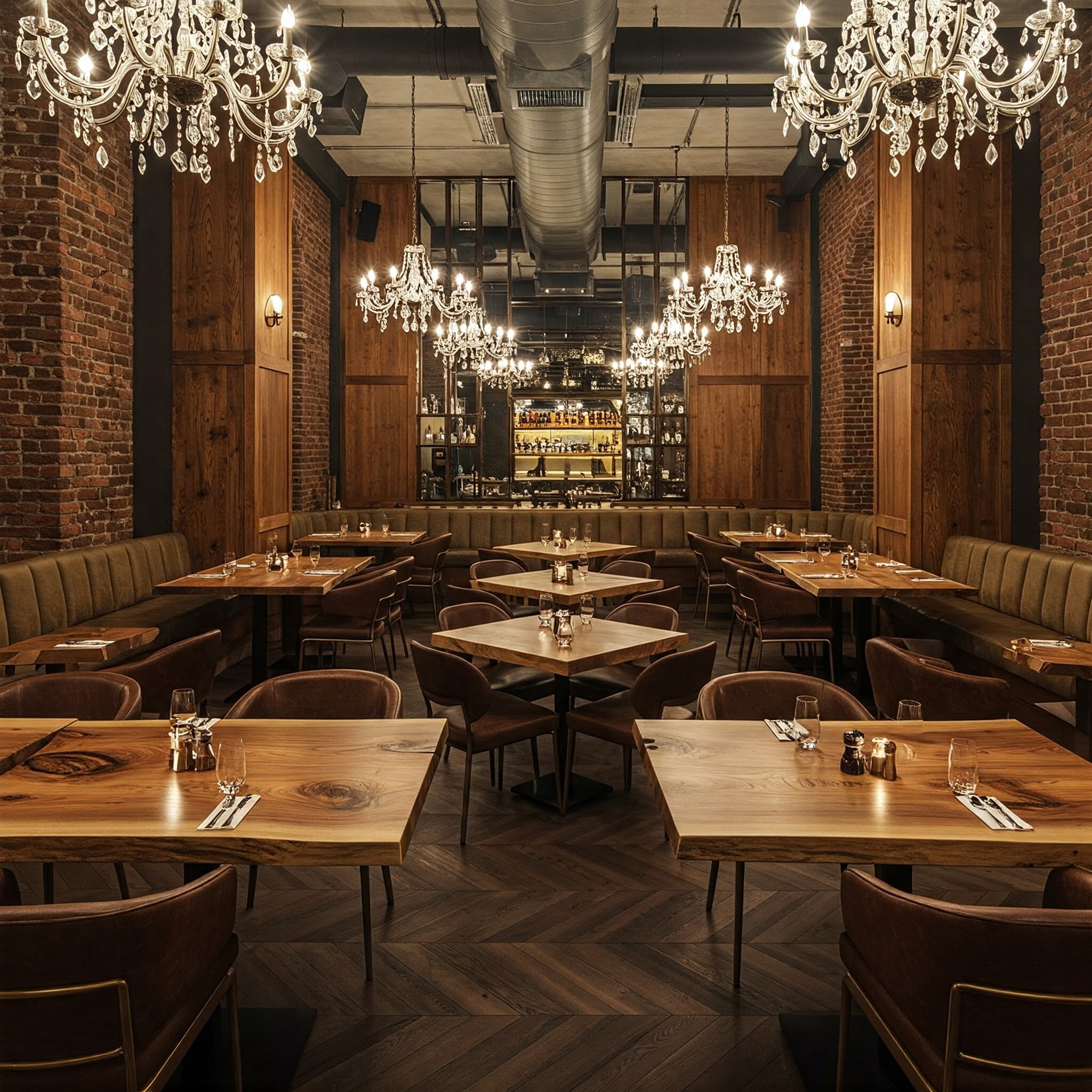 A luxury restaurant's atmosphere is defined by wood wall paneling, chandeliers, and custom live edge tables.