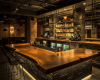 A luxury industrial bar with a thick, L-shaped live edge top, showcasing a highly figured, swirling burl wood grain.