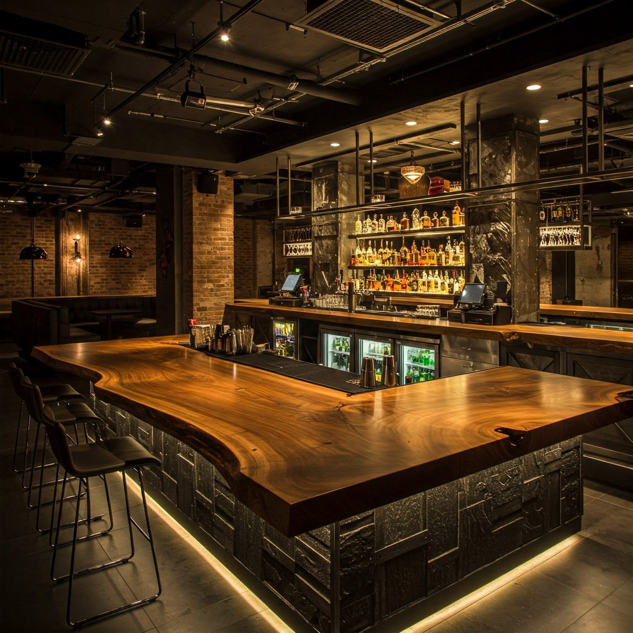 A luxury industrial bar with a thick, L-shaped live edge top, showcasing a highly figured, swirling burl wood grain.